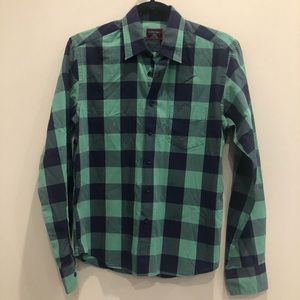 UNTUCKit green and blue plaid shirt